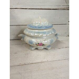 Vintage Victorian Style Floral Iridescent Sugar Candy Dish Tureen w Lid